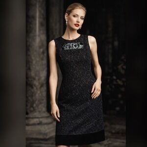 Moschino Vintage 90s Textured Black Sheath Dress Velvet Trim‎ Size 8 Deadstock